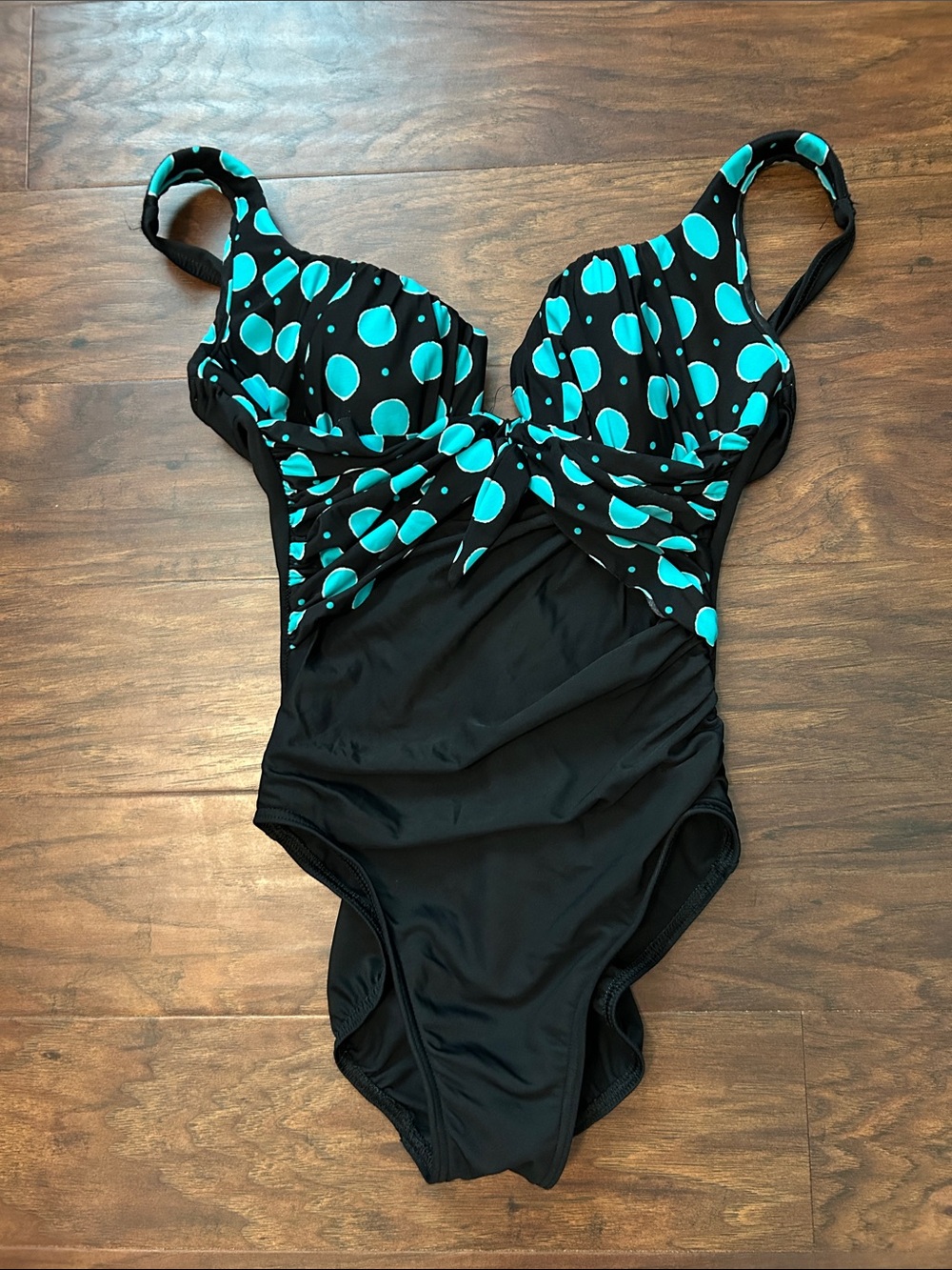 Women’s One-Piece Miraclesuit Tie Swimsuit in Black with Teal Polka Dots - Small